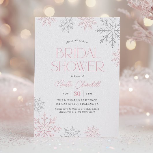 Pink Silver Snowflake Winter Bridal Shower 招待状