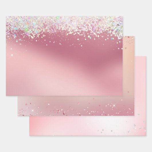Pink Silver Sparkle Confetti Christmas ラッピングペーパーシート (セット)
