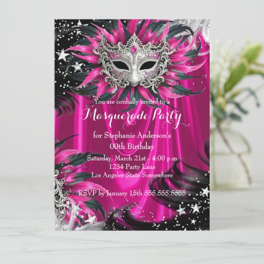 Pink Silver Sparkle Magical Night Masquerade Party 招待状 (スタンド正面)
