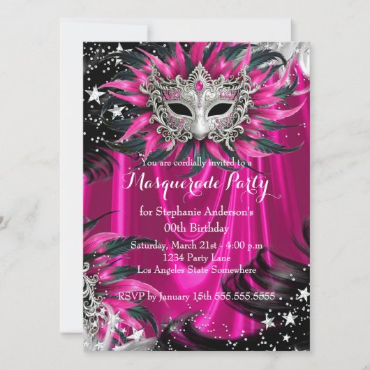 Pink Silver Sparkle Magical Night Masquerade Party 招待状 (正面)