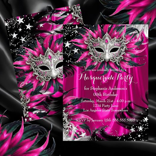 Pink Silver Sparkle Magical Night Masquerade Party 招待状