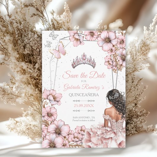 Pink Silver Tiara Butterfly Quinceañera セーブザデート