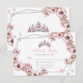 Pink Silver Tiara Butterfly Quinceañera 出欠カード (正面/裏面)