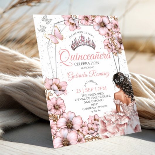 Pink Silver Tiara Floral Butterfly Quinceañera 招待状