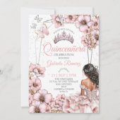 Pink Silver Tiara Floral Butterfly Quinceañera 招待状 (正面)