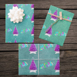 Pink Silver Trees Colourful Merry Christmas Text ラッピングペーパーシート