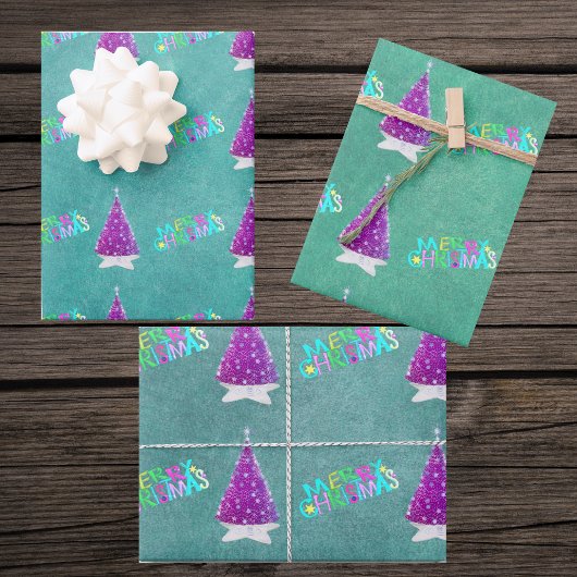 Pink Silver Trees Colourful Merry Christmas Text ラッピングペーパーシート