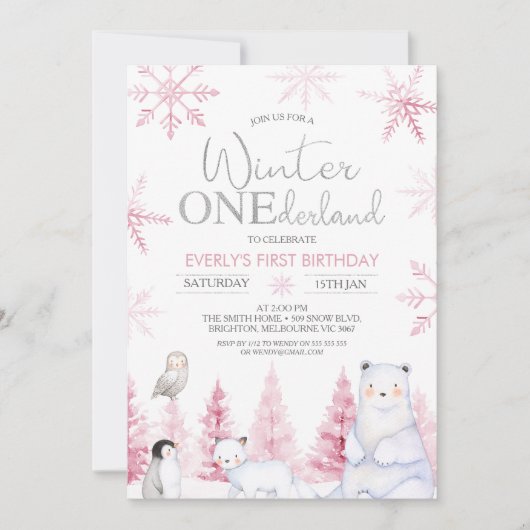 Pink Silver Winter Animals Onederland Birthday 招待状 (正面)