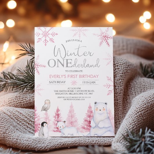 Pink Silver Winter Animals Onederland Birthday 招待状