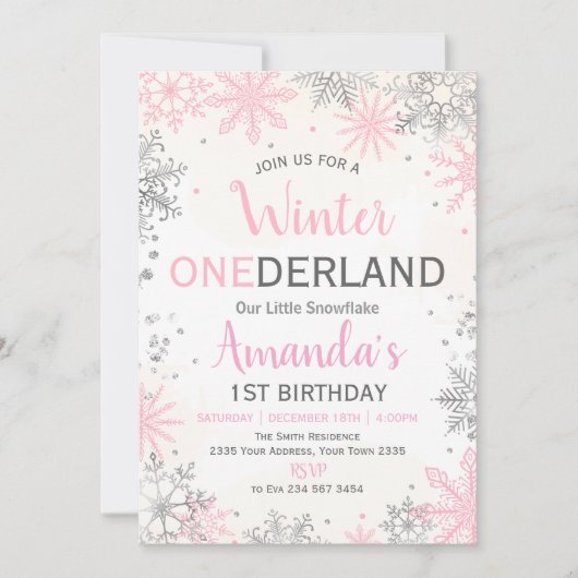 Pink Silver Winter ONEderland Birthday Invitation 招待状 (正面)