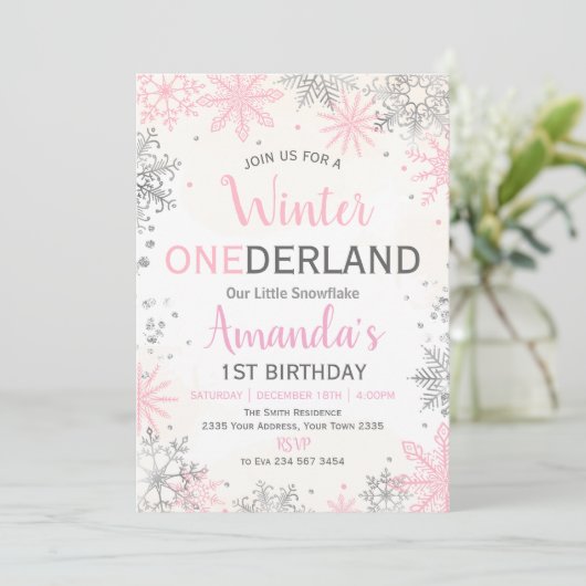 Pink Silver Winter ONEderland Birthday Invitation 招待状 (スタンド正面)
