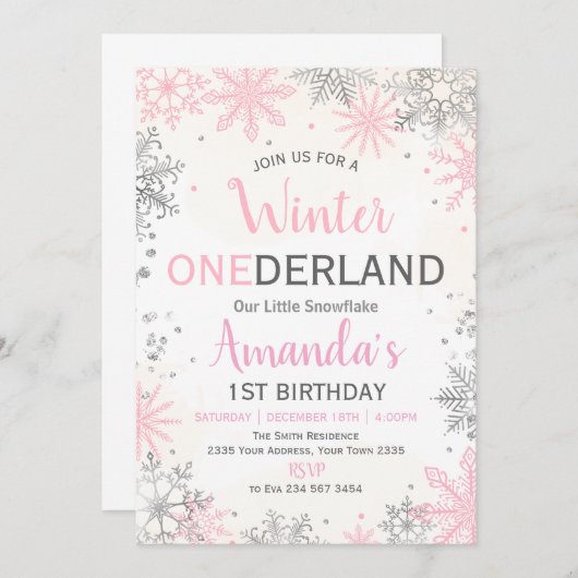 Pink Silver Winter ONEderland Birthday Invitation 招待状 (正面/裏面)