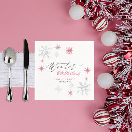 Pink Silver Winter Snowflakes 1st Birthday  スタンダードカクテルナプキン