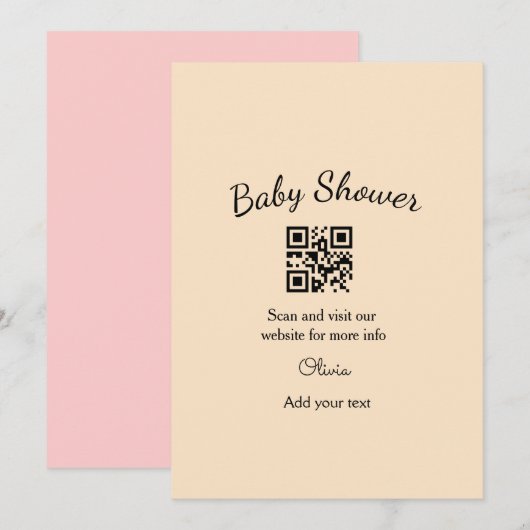 Pink simple baby shower q r code add name text thr 招待状 (正面/裏面)