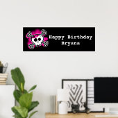 Pink Skull & Bones Girls Birthday Party Banner ポスター (ホームオフィス)