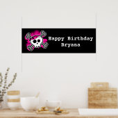 Pink Skull & Bones Girls Birthday Party Banner ポスター (キッチン)