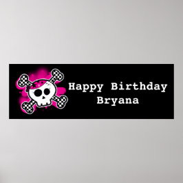 Pink Skull & Bones Girls Birthday Party Banner ポスター