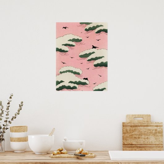 Pink Sky Clouds Japanese Woodblock Art Print ポスター (キッチン)