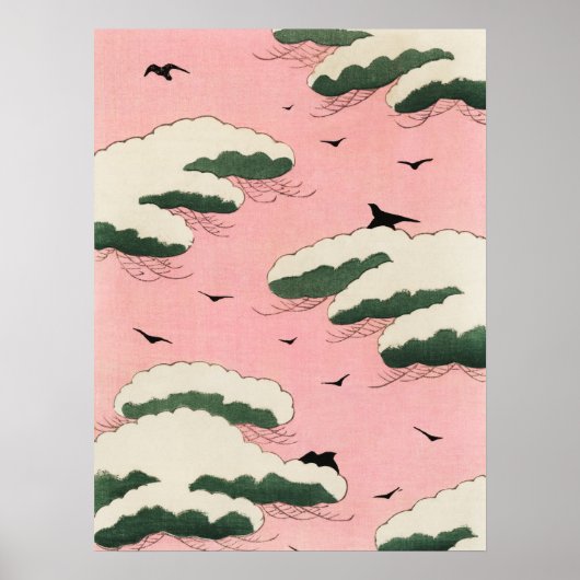 Pink Sky Clouds Japanese Woodblock Art Print ポスター (正面)