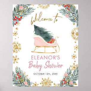 Pink Sleigh Winter Season Baby Shower Welcome sign ポスター