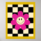 Pink Smiling Daisy on Black& White Checkered Retro ポスター (正面)