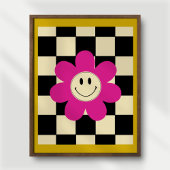 Pink Smiling Daisy on Black& White Checkered Retro ポスター
