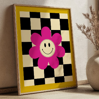 Pink Smiling Daisy on Black& White Checkered Retro ポスター