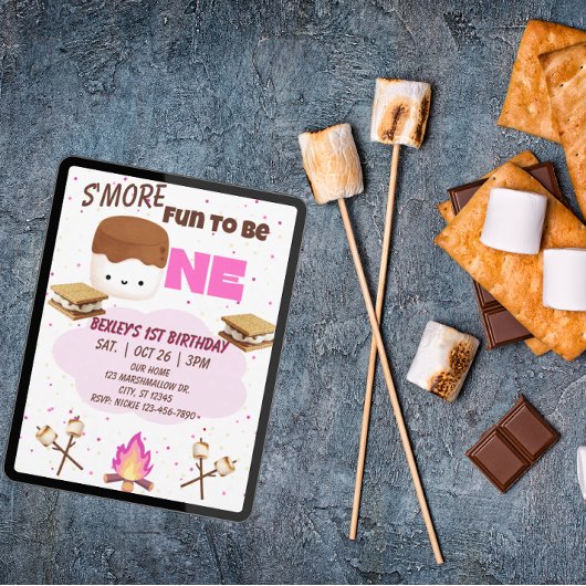 Pink, S'more Fun to be One, 1st Birthday 招待状