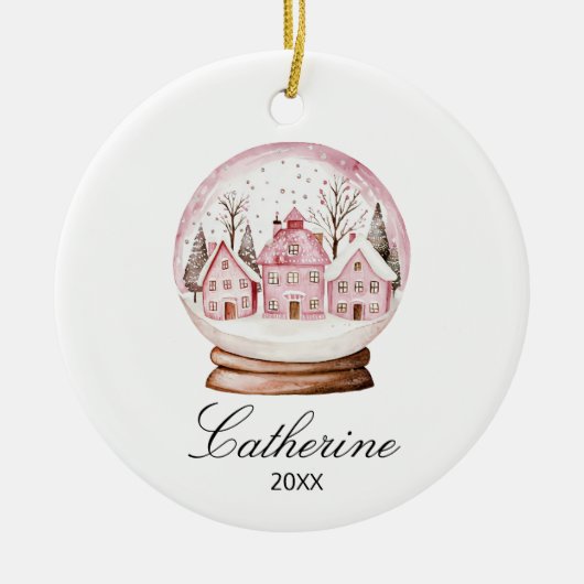 Pink Snow Globe Christmas Cozy Town Custom Name セラミックオーナメント (正面)