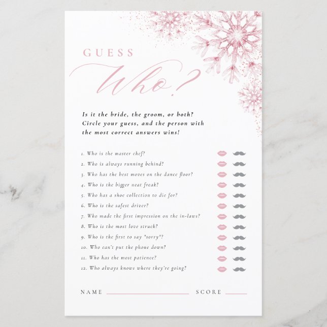 Pink Snow in Love Guess Who Bridal Shower Game (正面)