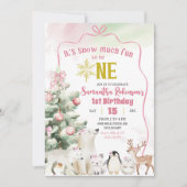 Pink Snow Much Fun to be One Girl 1st Birthday 招待状 (正面)