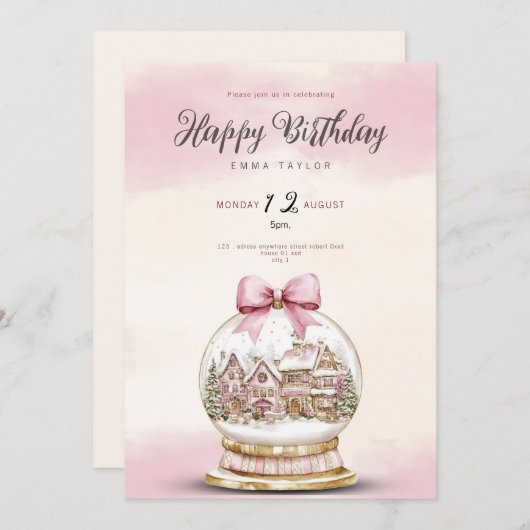  pink snowball birthday invitation 招待状 (正面/裏面)