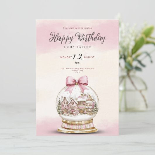 pink snowball birthday invitation 招待状 (スタンド正面)