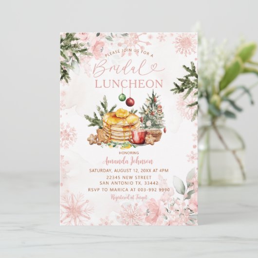 Pink Snowflake Bridal Luncheon Pancake & Cocoa 招待状 (スタンド正面)