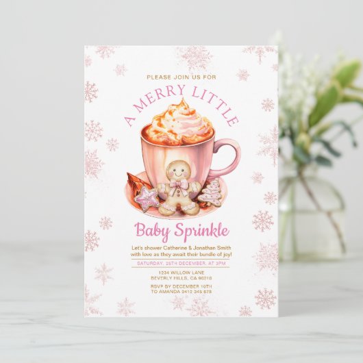Pink Snowflake Gingerbread Christmas Baby Sprinkle 招待状 (スタンド正面)