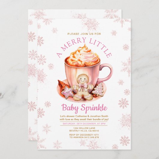 Pink Snowflake Gingerbread Christmas Baby Sprinkle 招待状 (正面/裏面)