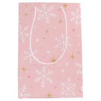 Pink Snowflake & Gold Sparkle Christmas Gift Bag  ミディアムペーパーバッグ
