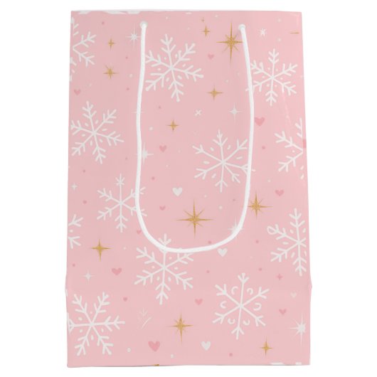 Pink Snowflake & Gold Sparkle Christmas Gift Bag ミディアムペーパーバッグ (裏面)