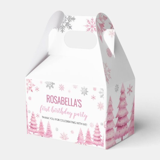 Pink Snowflake Winter Birthday Party Favor Box フェイバーボックス (正面サイド)
