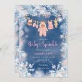 Pink Snowflakes Blue Winter Girl Baby Sprinkle 招待状 (正面/裏面)