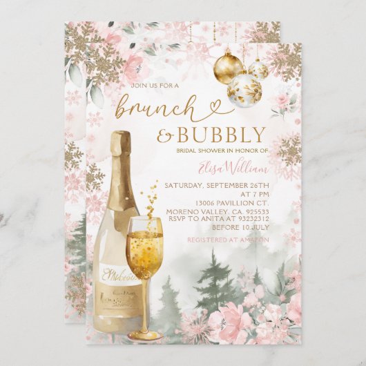 Pink Snowflakes Brunch and Bubbly Champagne 招待状 (正面/裏面)