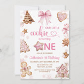 Pink Snowflakes Gingerbread Christmas 1st Birthday 招待状 (正面)