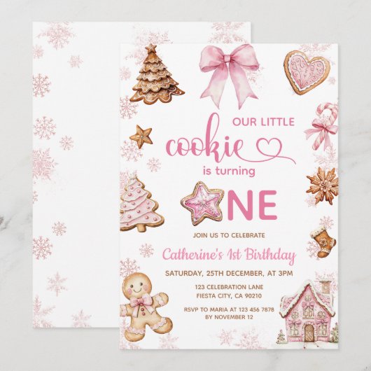 Pink Snowflakes Gingerbread Christmas 1st Birthday 招待状 (正面/裏面)