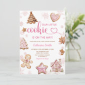 Pink Snowflakes Gingerbread Christmas Baby Shower 招待状 (スタンド正面)