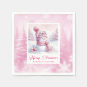 Pink Snowman Christmas Scene Napkins Winter Forest スタンダードカクテルナプキン (正面)
