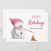 Pink Snowman Marshmallows Happy Holidays Business シーズンカード (正面/裏面)