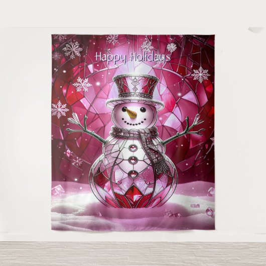 Pink Snowman Snowflakes Holiday Backdrop タペストリー (正面)