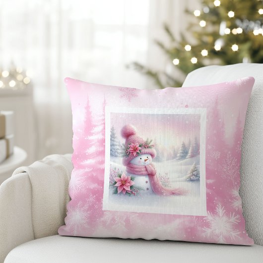 Pink Snowman Winter Forest Soft Kids Gift Cushion クッション