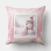 Pink Snowman Winter Scene Pinkmas Pillow Decor クッション (正面)