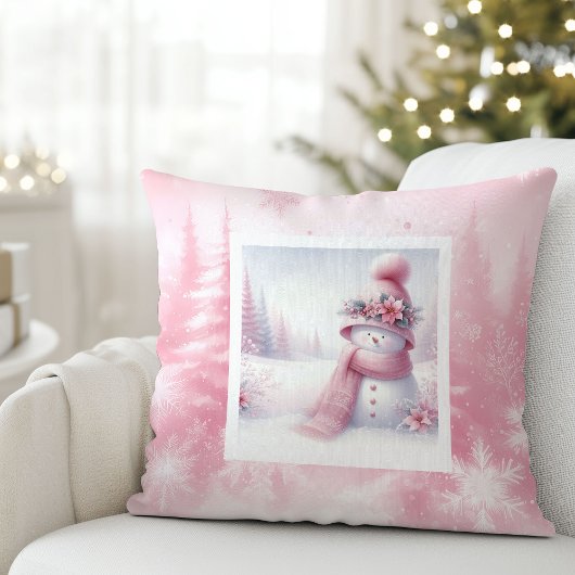 Pink Snowman Winter Scene Pinkmas Pillow Decor クッション